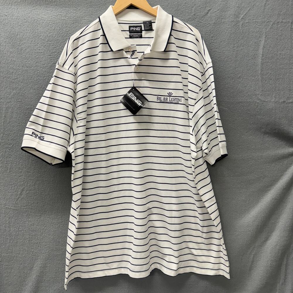 PING Polo Shirt Mens 2X White Navy Blue‎ Stripe BEL AIR LIGHTING Logo UV + NEW